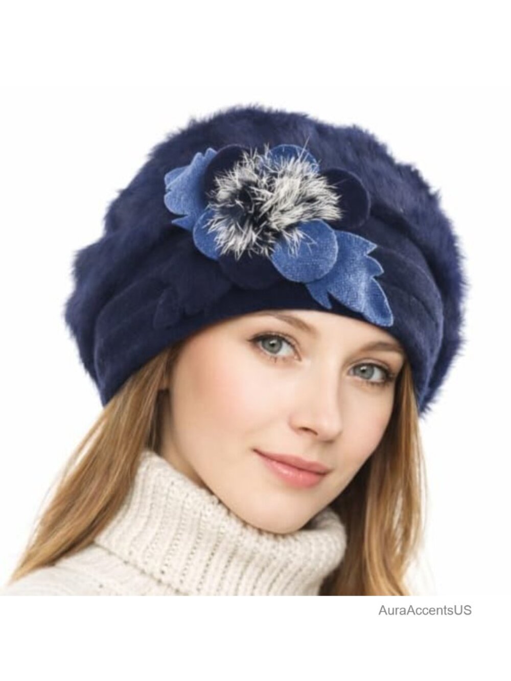 100% Wool French Beret Floral Knit Winter Hat